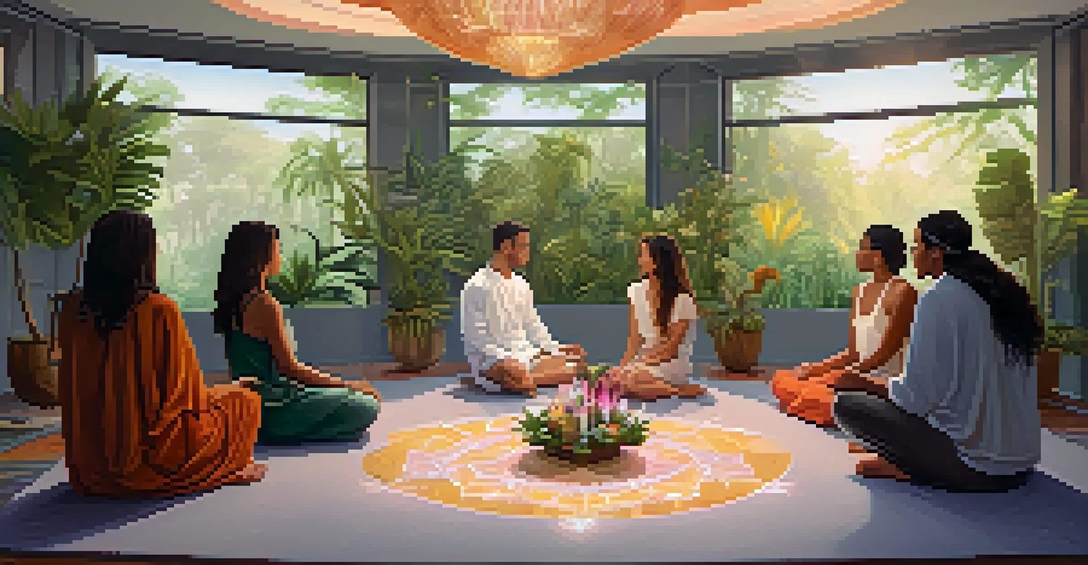 An urban ayahuasca retreat with a modern room and participants in a circle around a central altar with crystals and flowers.
