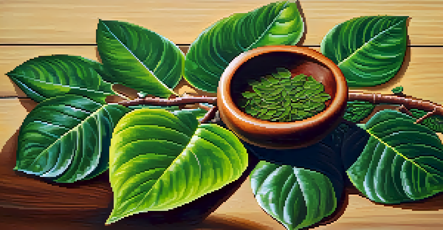 A close-up of Ayahuasca ingredients, including the Banisteriopsis caapi vine and Psychotria viridis leaves on a wooden surface.