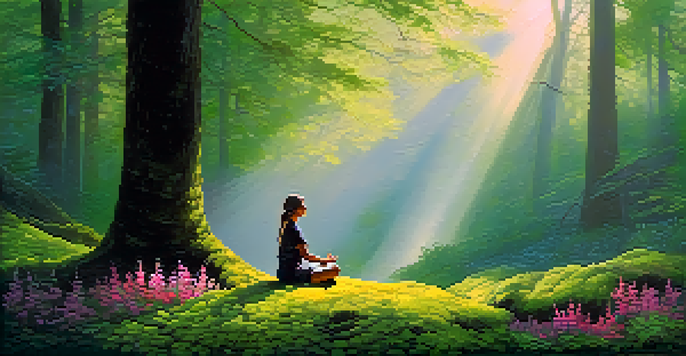 A person meditating in a misty forest at dawn, surrounded by green foliage and blooming flowers.