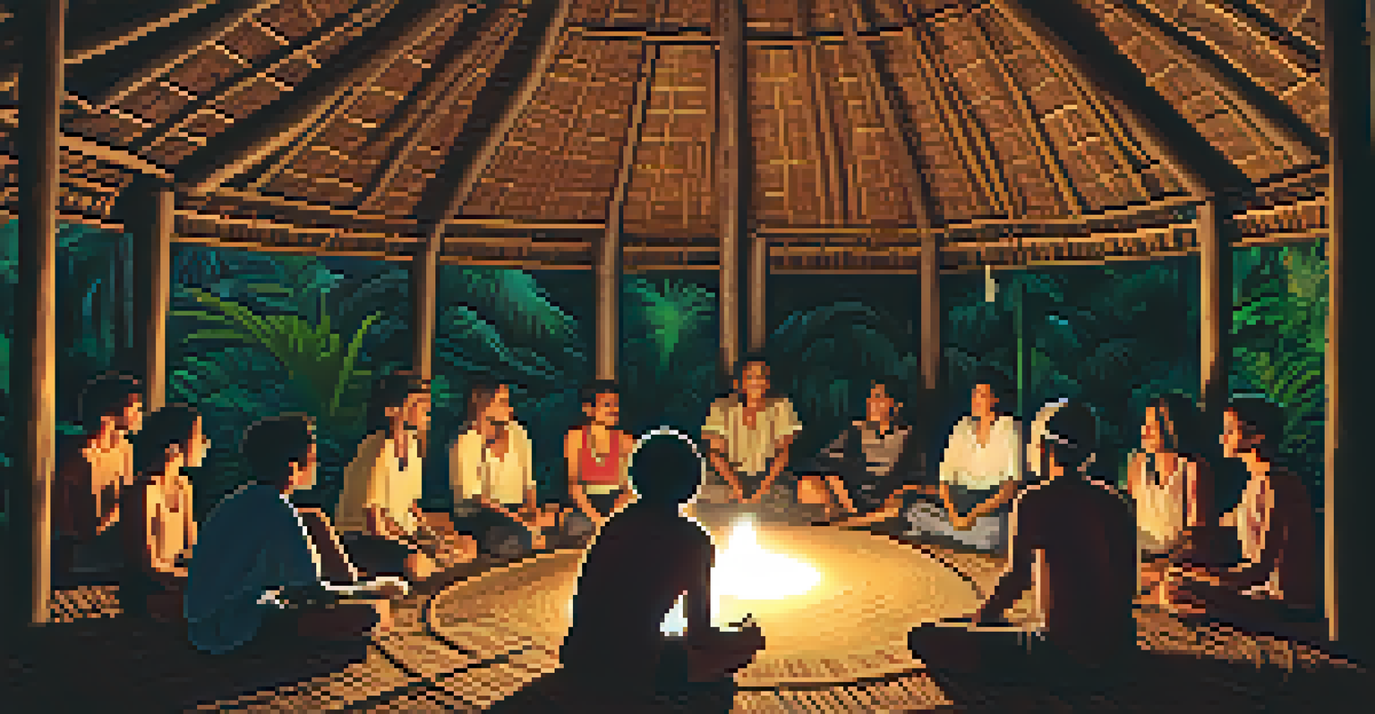 A group of diverse individuals seated in a circle during an ayahuasca retreat, sharing their experiences under a thatched roof.