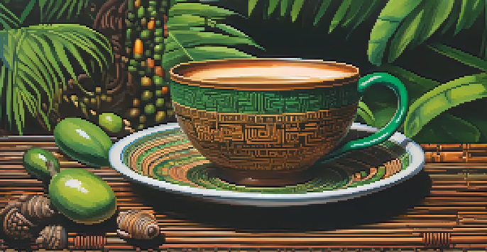 A close-up of a ceramic cup filled with Ayahuasca brew, showcasing earthy brown and green colors, with a blurred rainforest background.