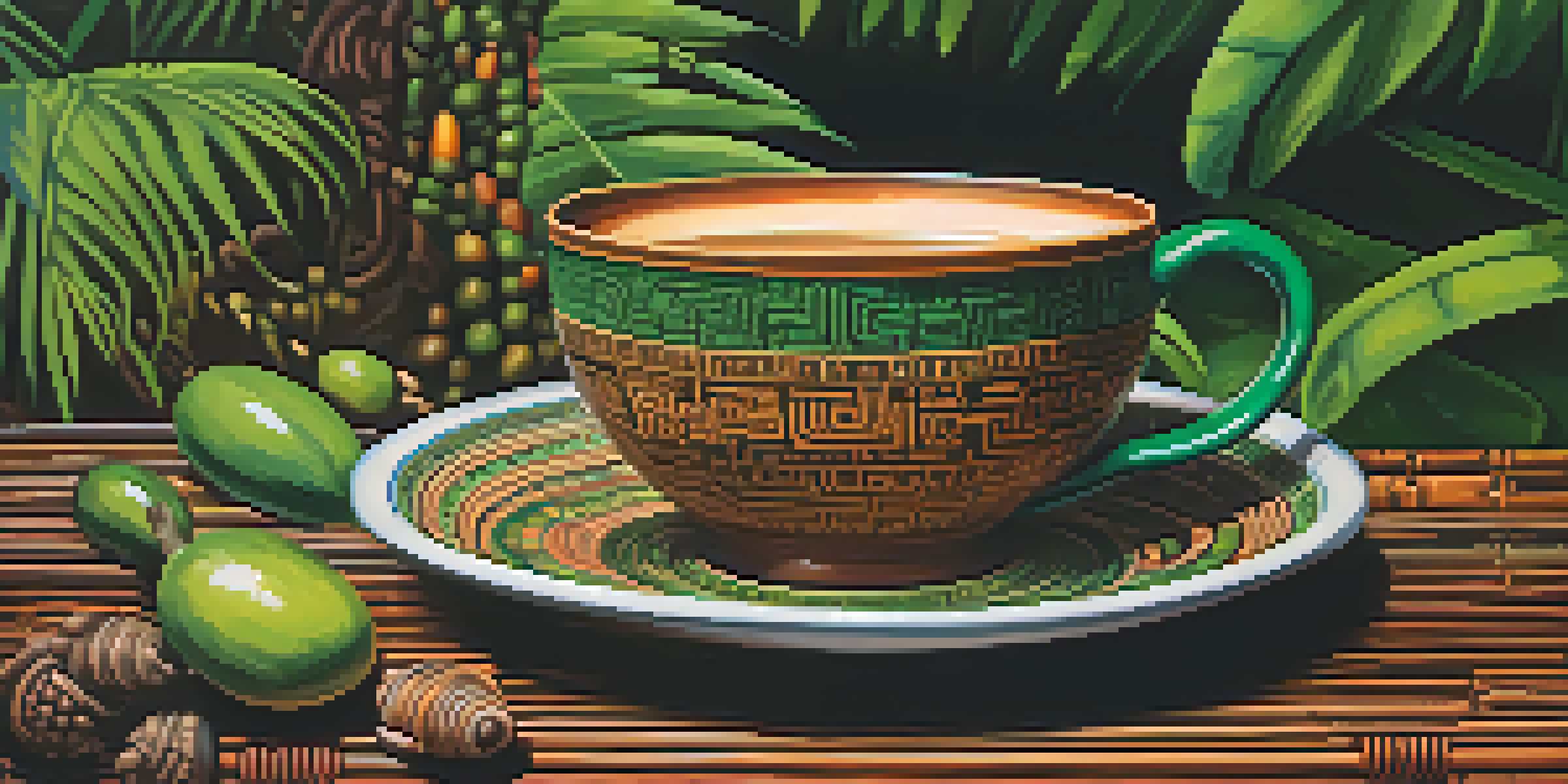 A close-up of a ceramic cup filled with Ayahuasca brew, showcasing earthy brown and green colors, with a blurred rainforest background.