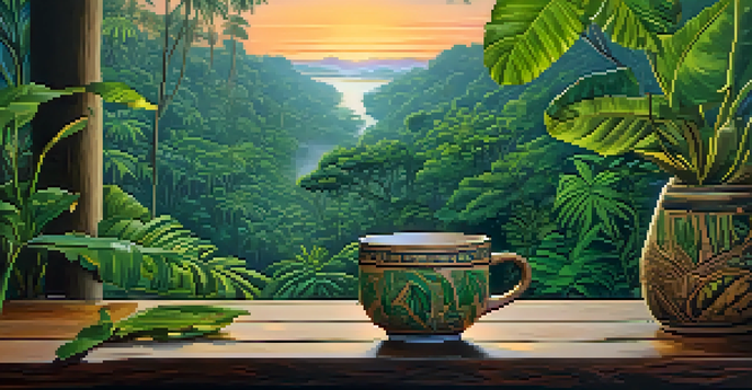 A tranquil Amazon rainforest with lush green trees and a ceramic cup of ayahuasca brew on a wooden table surrounded by tropical flowers.
