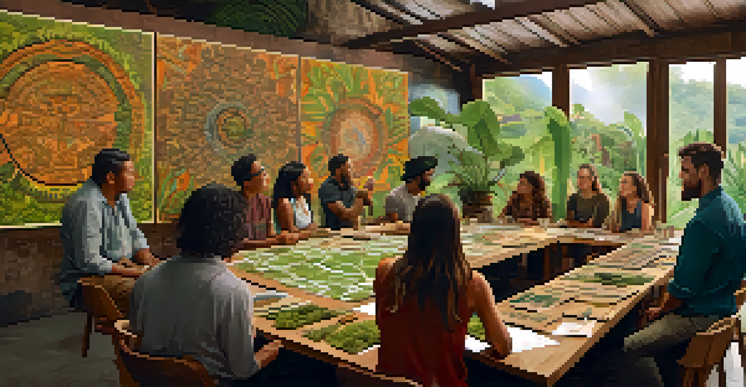 A workshop with a diverse group learning about ayahuasca plant sustainability, with an instructor explaining circular economy principles.