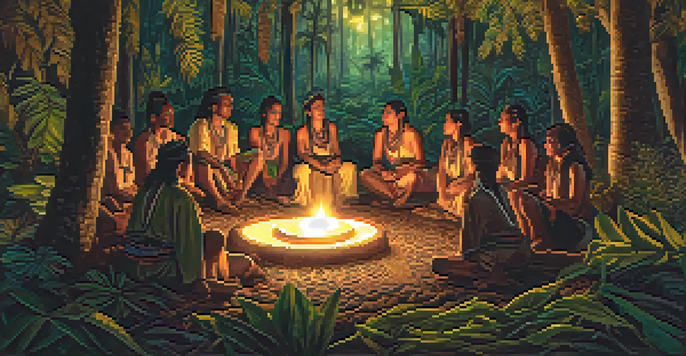 Participants in a peaceful Ayahuasca ceremony, illuminated by candlelight, with a shaman leading in the center.