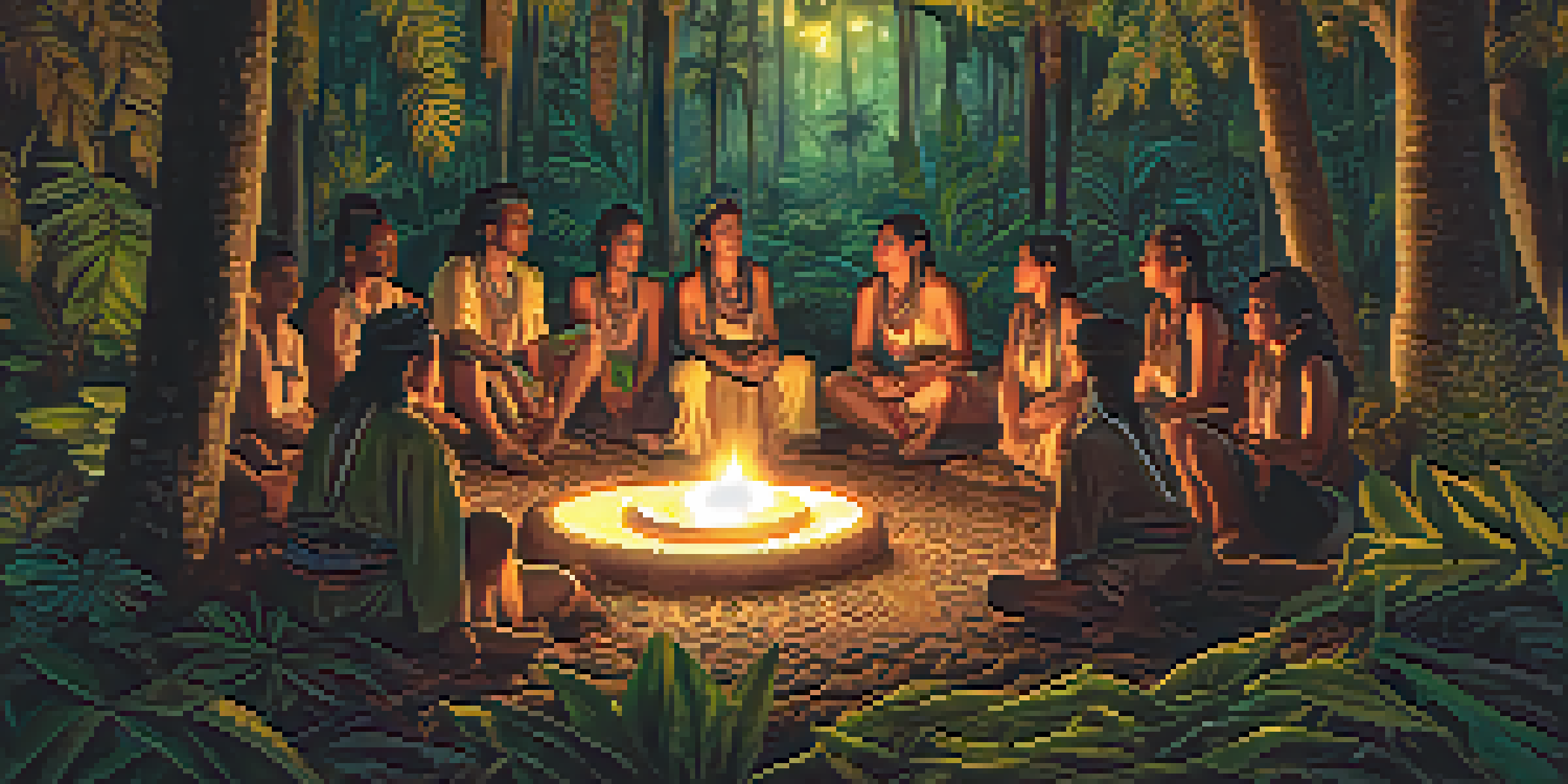 Participants in a peaceful Ayahuasca ceremony, illuminated by candlelight, with a shaman leading in the center.