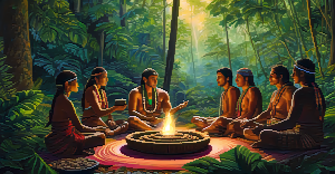A tranquil Ayahuasca ceremony in an Amazonian forest, with participants in a circle and a shaman preparing the brew.