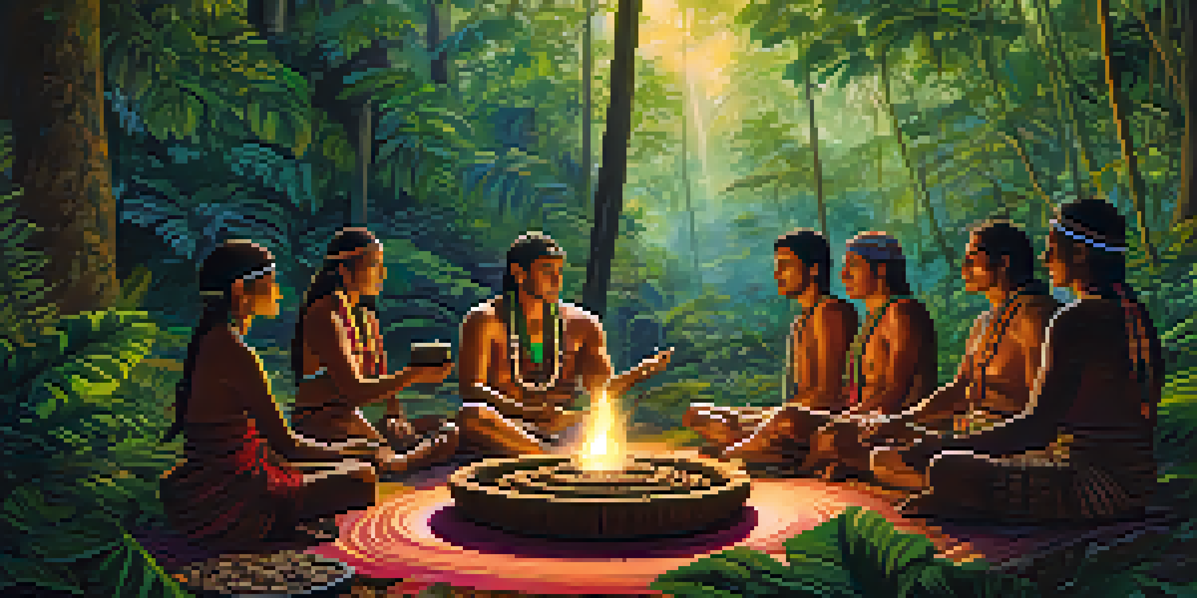 A tranquil Ayahuasca ceremony in an Amazonian forest, with participants in a circle and a shaman preparing the brew.