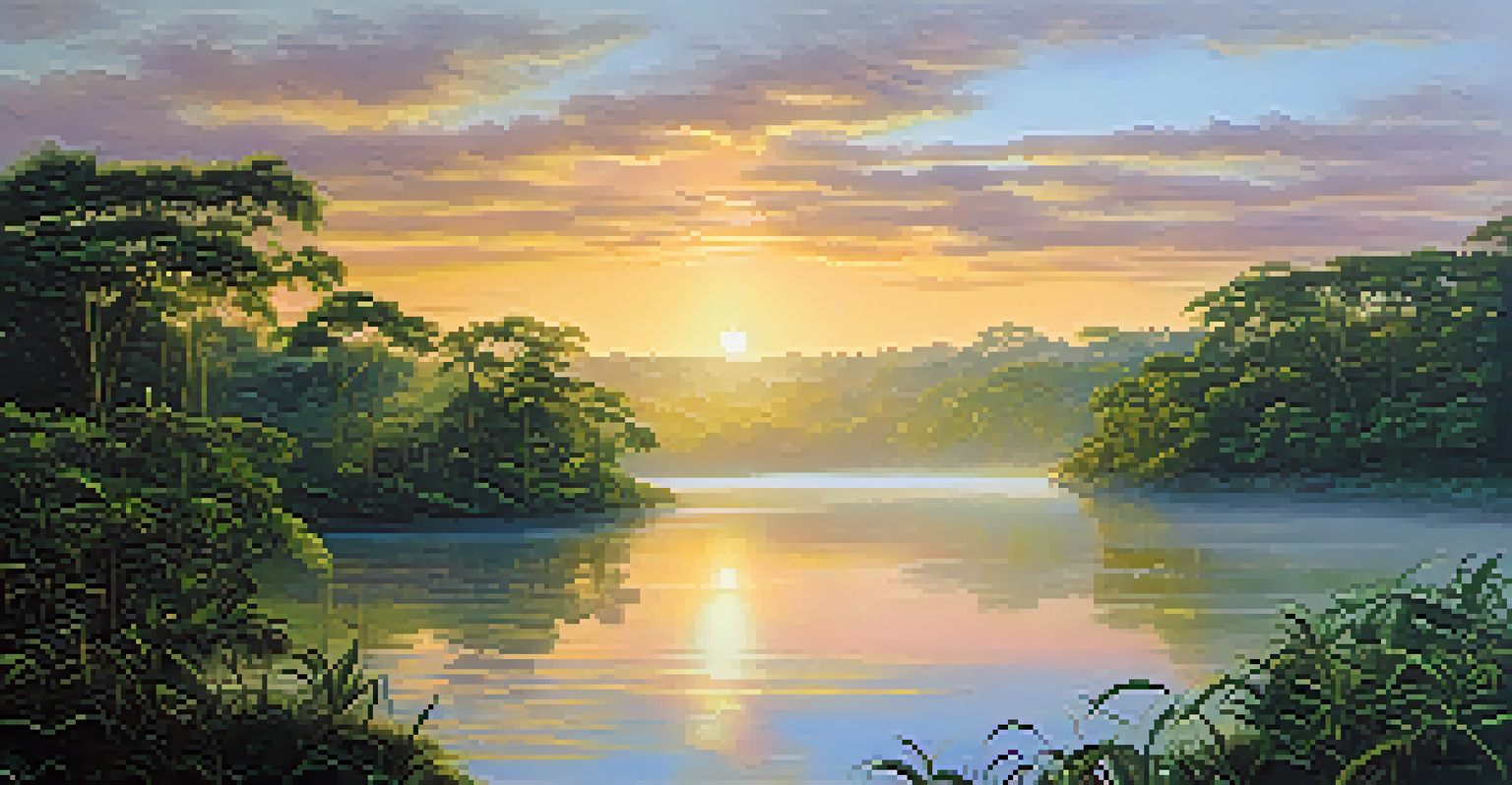 A peaceful river scene in the Amazon rainforest at dawn, with mist and golden sunlight reflecting on the water.