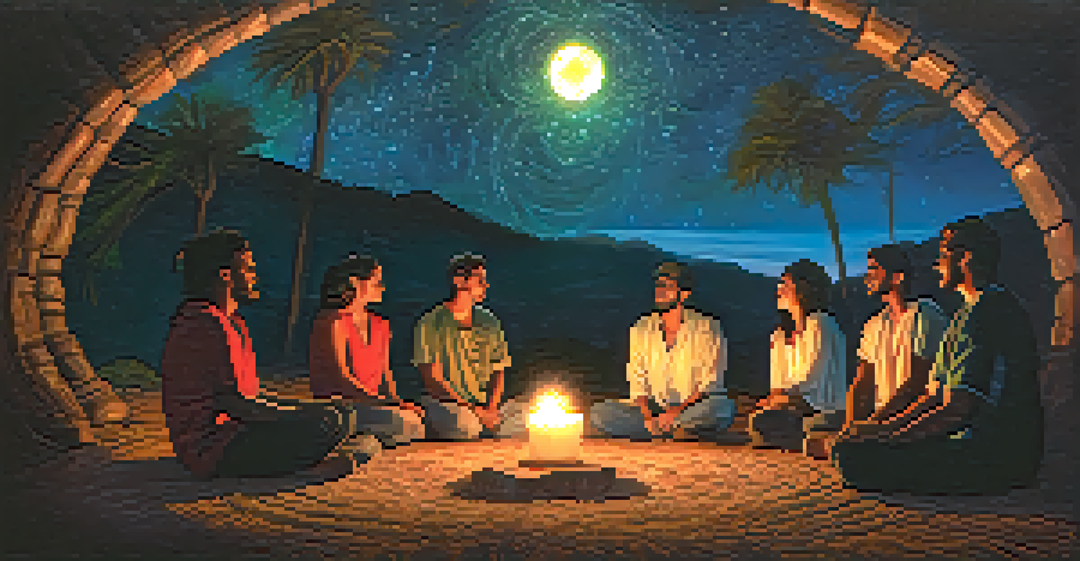 A circle of people sharing stories during an ayahuasca ceremony at night, illuminated by candlelight under a starry sky, showcasing their emotional expressions.