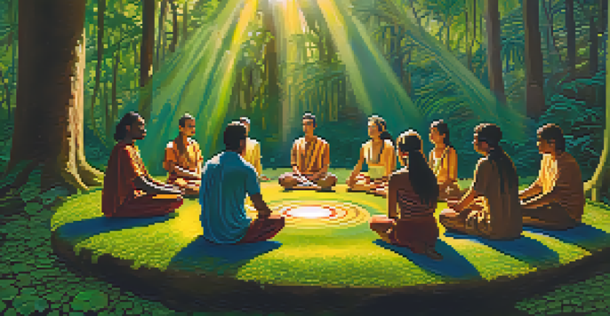 A group of participants in an Ayahuasca ceremony seated in a circle in a forest, with a warm golden light filtering through the trees.