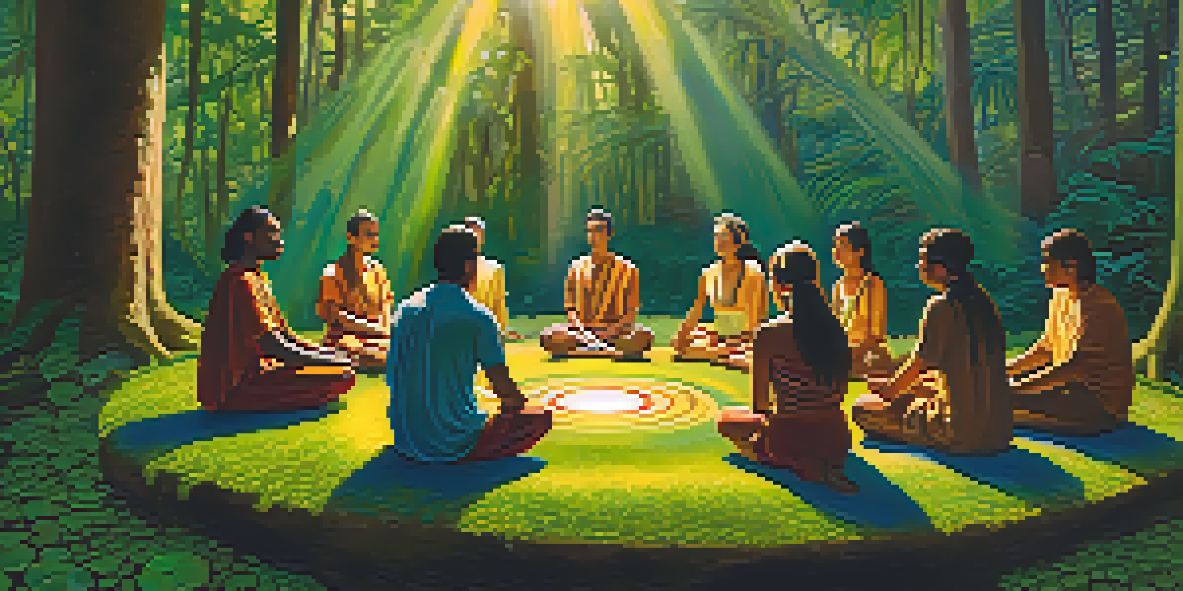 A group of participants in an Ayahuasca ceremony seated in a circle in a forest, with a warm golden light filtering through the trees.