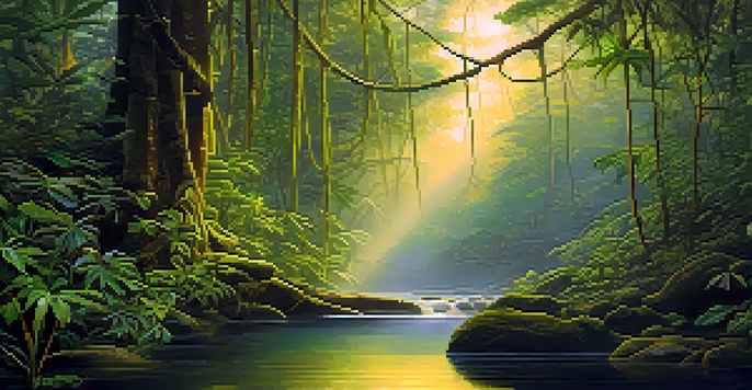 A peaceful Amazon rainforest at dawn with green foliage and sunlight filtering through the trees.