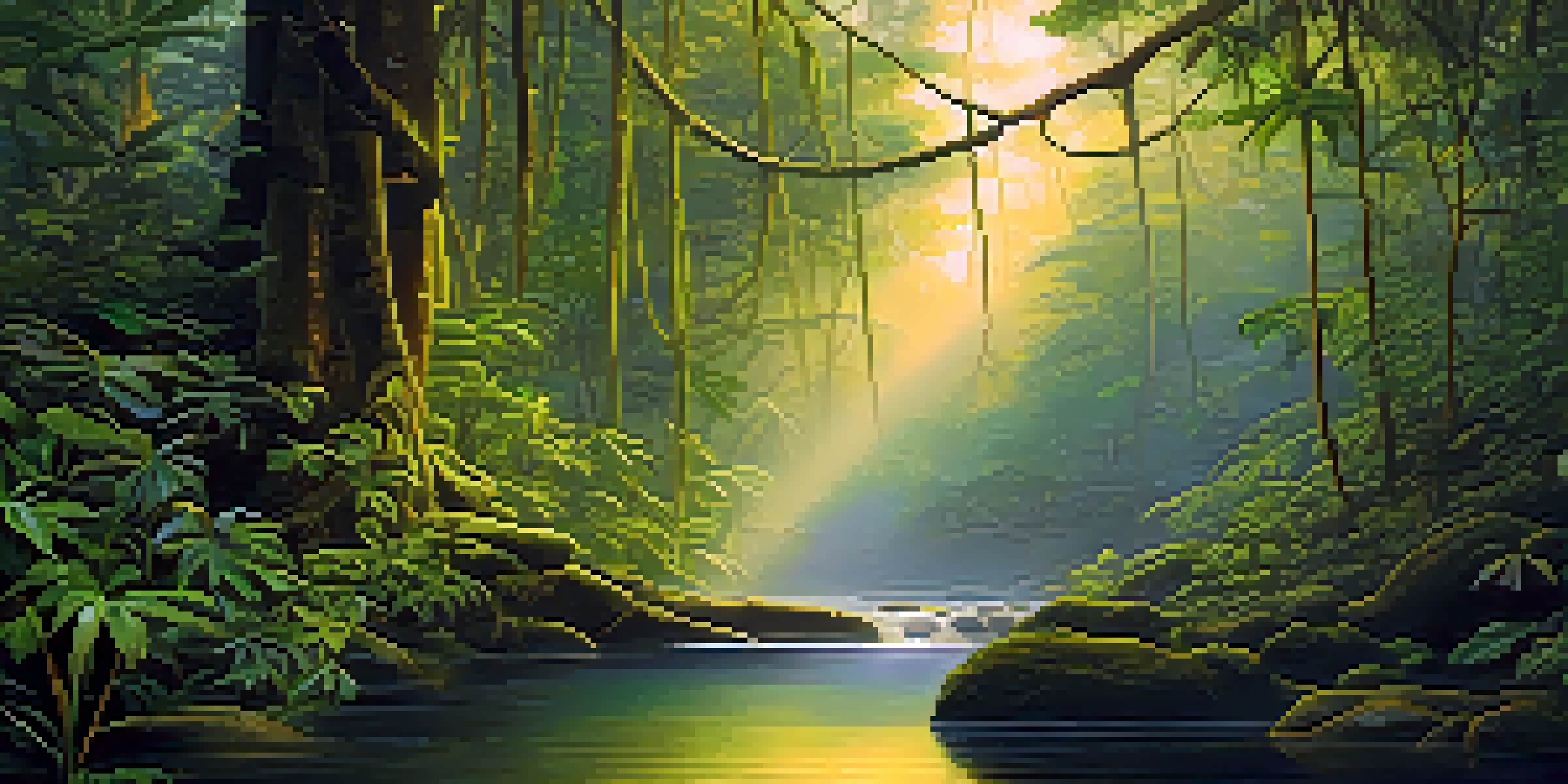 A peaceful Amazon rainforest at dawn with green foliage and sunlight filtering through the trees.