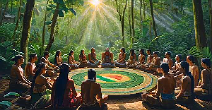 A peaceful ayahuasca ceremony in the Amazon rainforest, with a shaman and participants surrounded by lush greenery and soft sunlight.