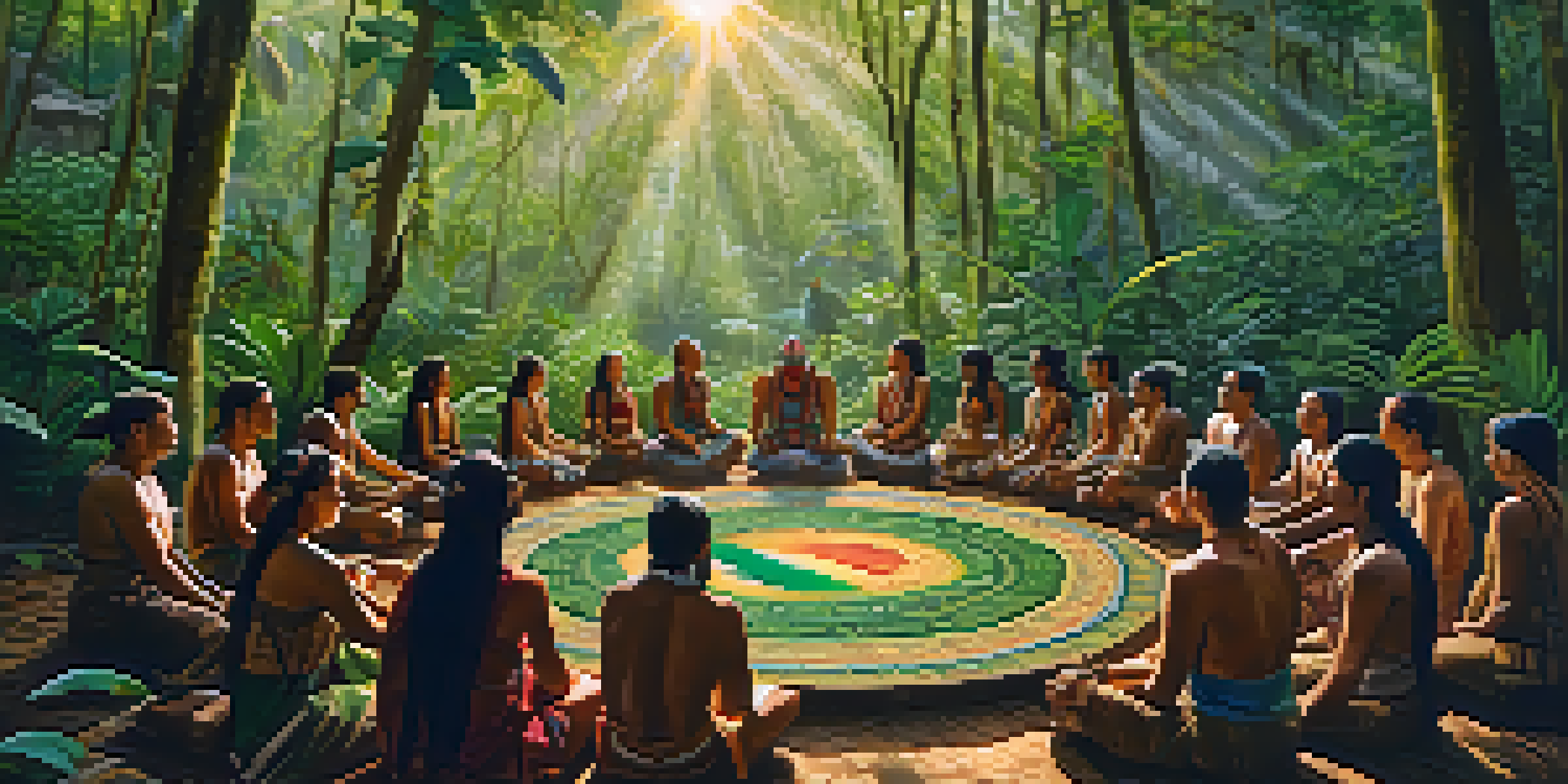 A peaceful ayahuasca ceremony in the Amazon rainforest, with a shaman and participants surrounded by lush greenery and soft sunlight.