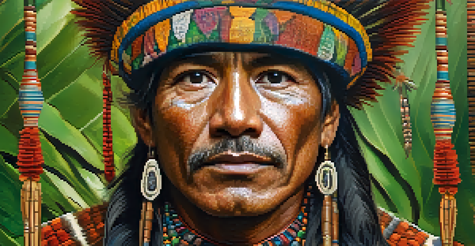 A close-up of a shaman in traditional attire preparing for an Ayahuasca ceremony, holding herbs and a feather with a focused expression.