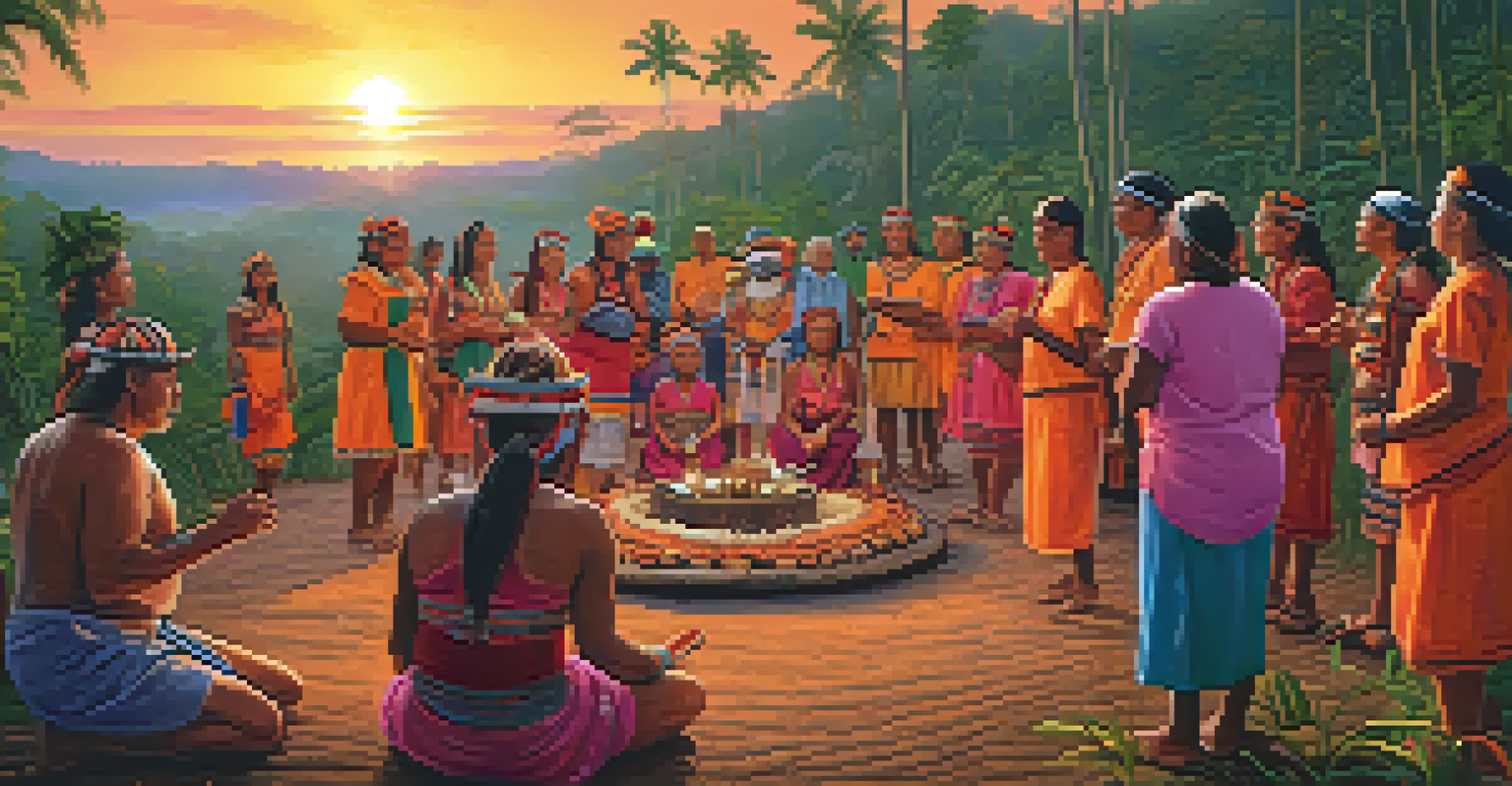A lively cultural gathering in an indigenous community, with people dancing and elders sharing stories against the backdrop of the Amazon rainforest at sunset.