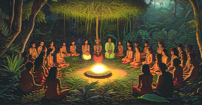 A shaman in traditional attire conducts an Ayahuasca ceremony in the Amazon rainforest at twilight, surrounded by participants and tropical plants.