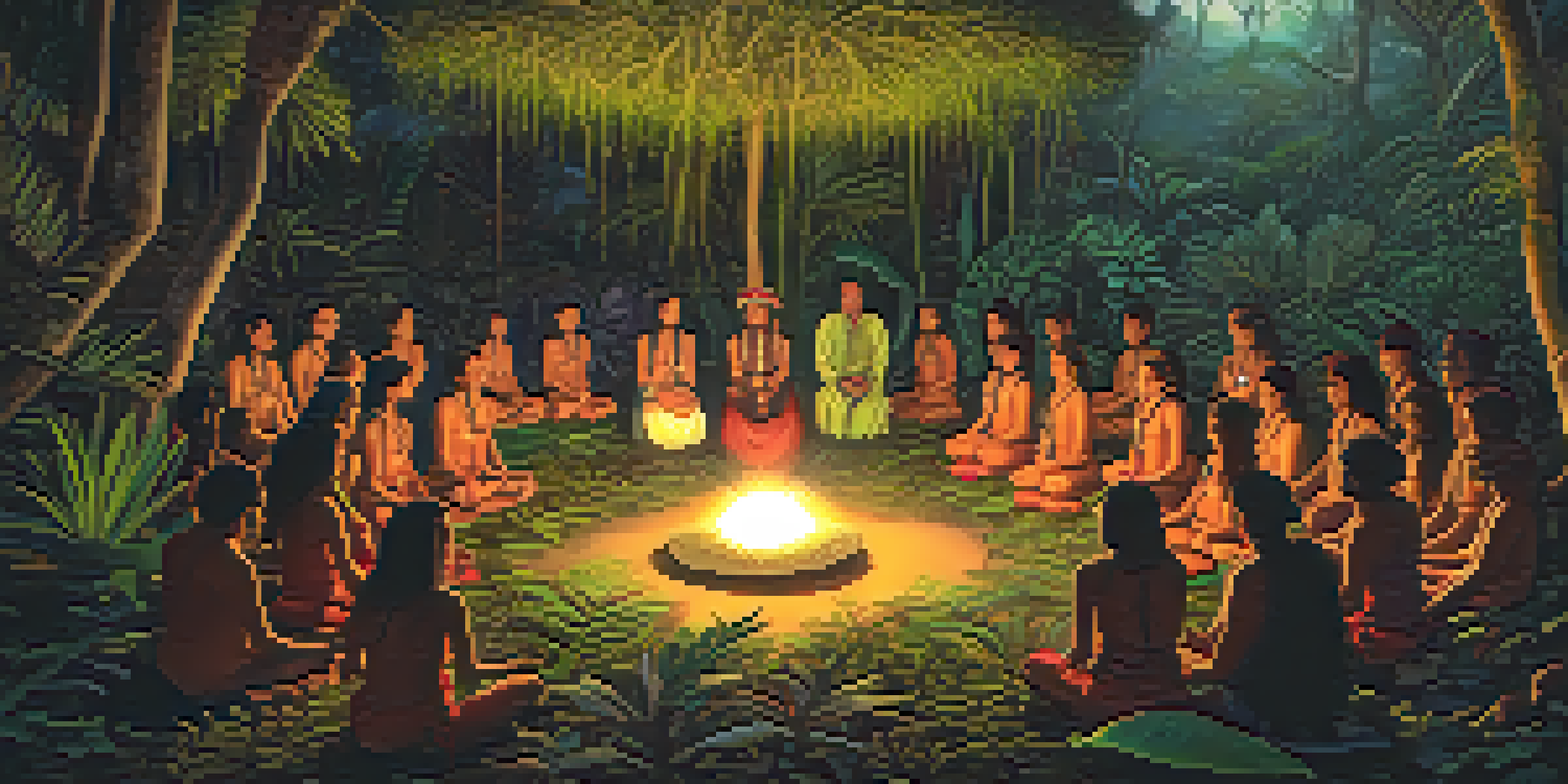 A shaman in traditional attire conducts an Ayahuasca ceremony in the Amazon rainforest at twilight, surrounded by participants and tropical plants.