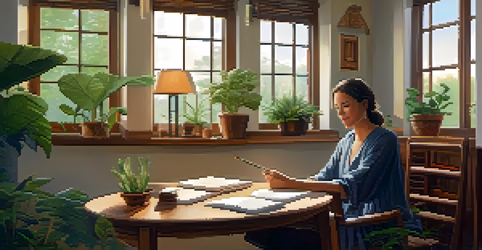 A warm and inviting therapy room with wooden furniture and plants, where a therapist is talking to a client, with a journal on the table.