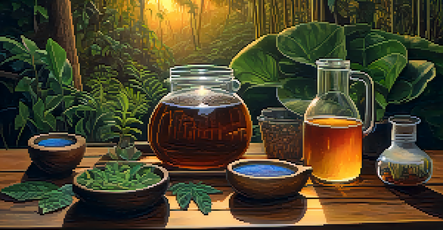 An Ayahuasca brew in a rustic jar surrounded by Amazonian plants on a wooden table with warm candlelight.