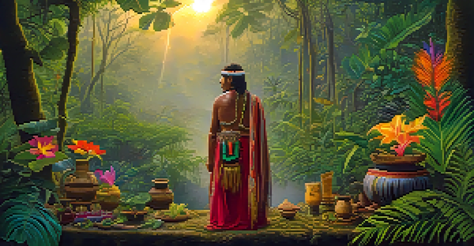 A shaman preparing Ayahuasca in a misty Amazon rainforest at dawn, surrounded by lush greenery and vibrant flowers.