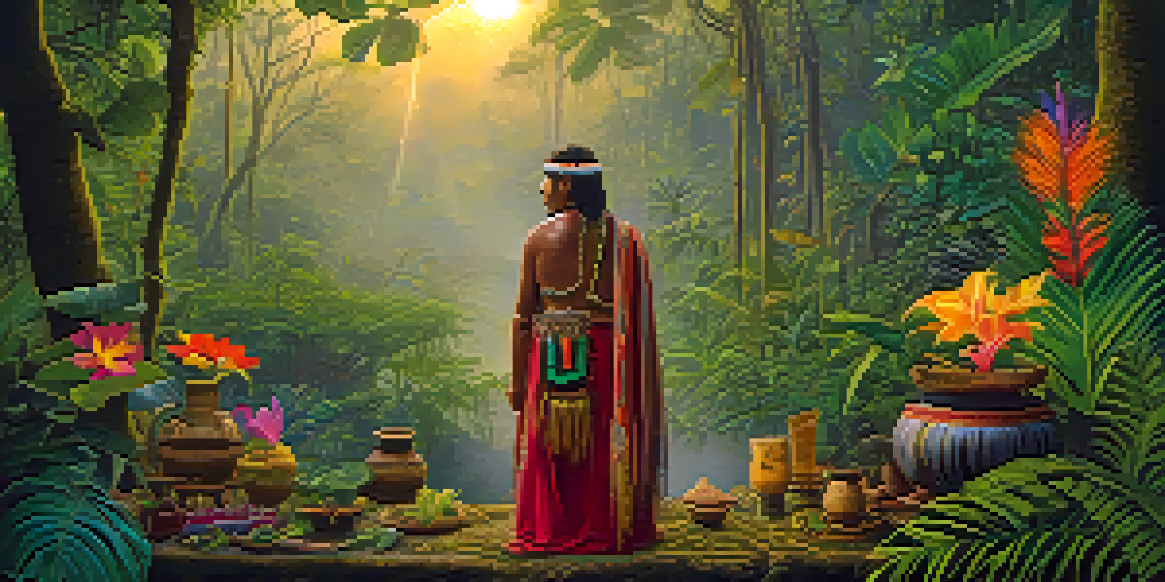 A shaman preparing Ayahuasca in a misty Amazon rainforest at dawn, surrounded by lush greenery and vibrant flowers.
