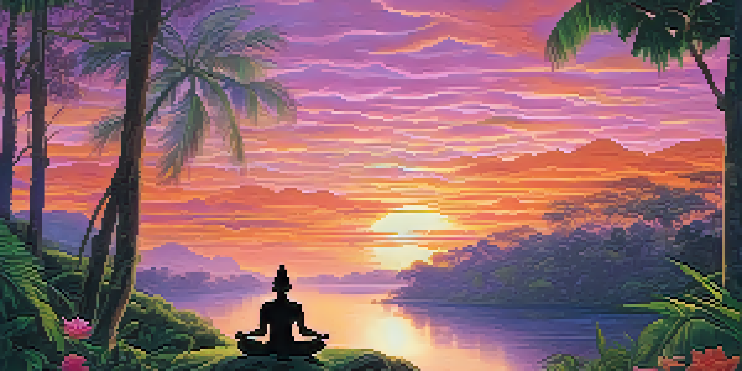 A peaceful Amazon rainforest at sunset with a winding river and a meditating shamanic figure, surrounded by vibrant flowers and lush greenery.