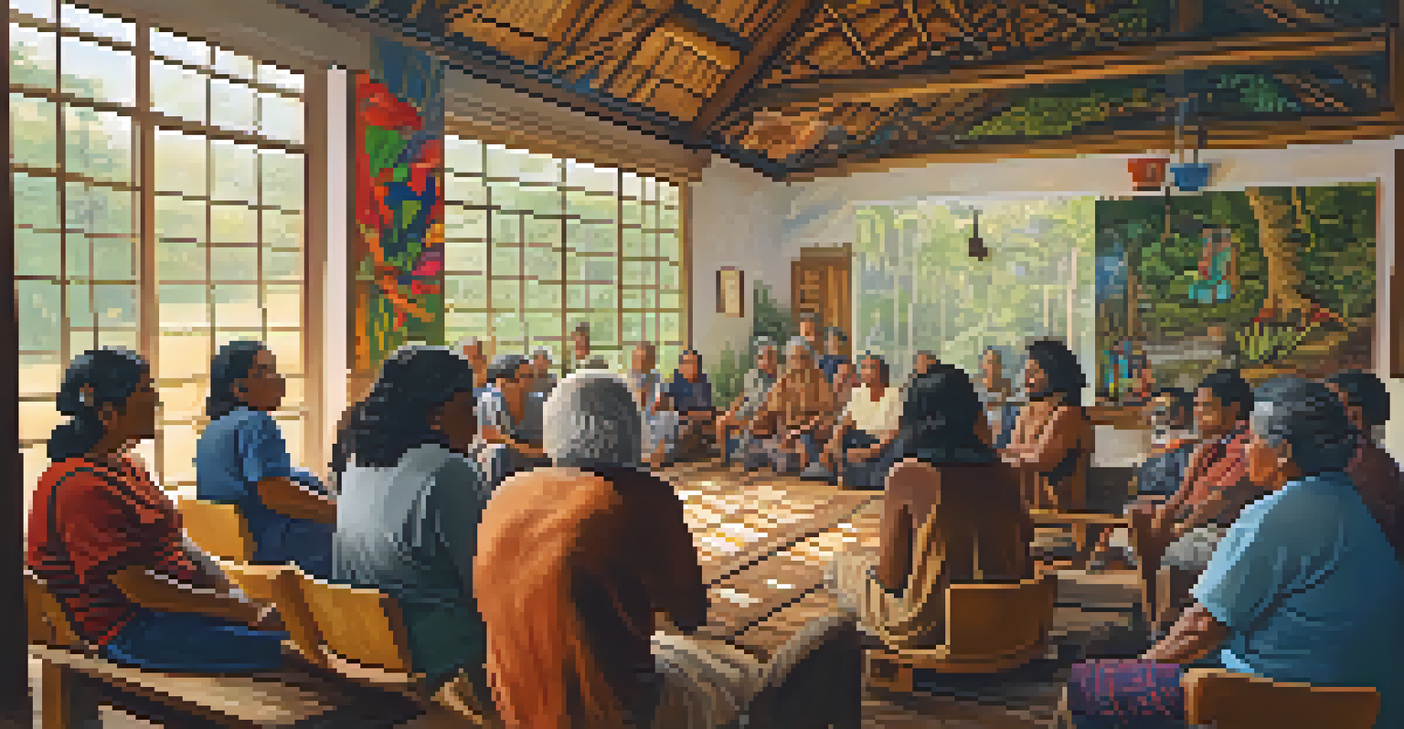 Indigenous elders share stories about ayahuasca in a community hall with engaged participants, surrounded by traditional artwork.