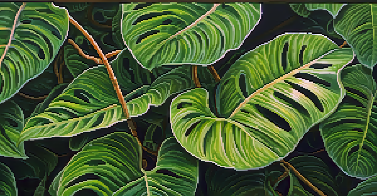 A detailed view of the Banisteriopsis caapi vine and Psychotria viridis leaves in a lush jungle setting, with dew droplets and sunlight filtering through.