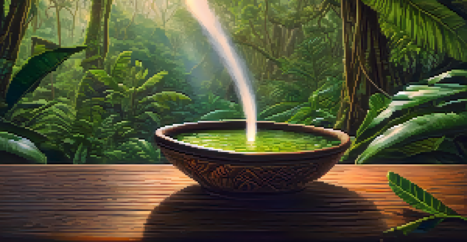 A close-up of Ayahuasca brew in a handcrafted bowl, with steam rising, surrounded by lush Amazonian plants in a mystical setting.