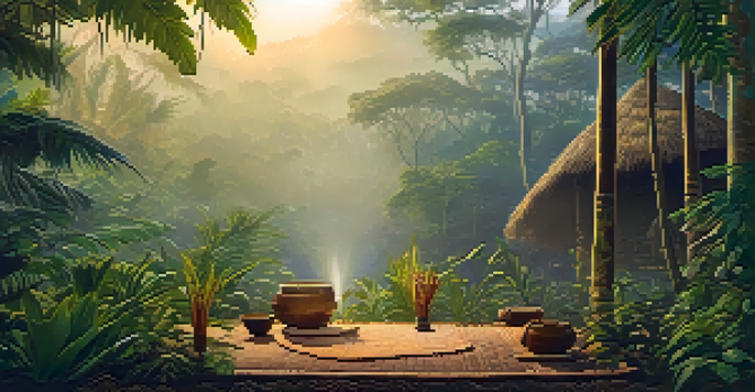 A peaceful Amazon rainforest at dawn with mist, featuring a traditional Ayahuasca ceremony setup, surrounded by lush tropical plants.
