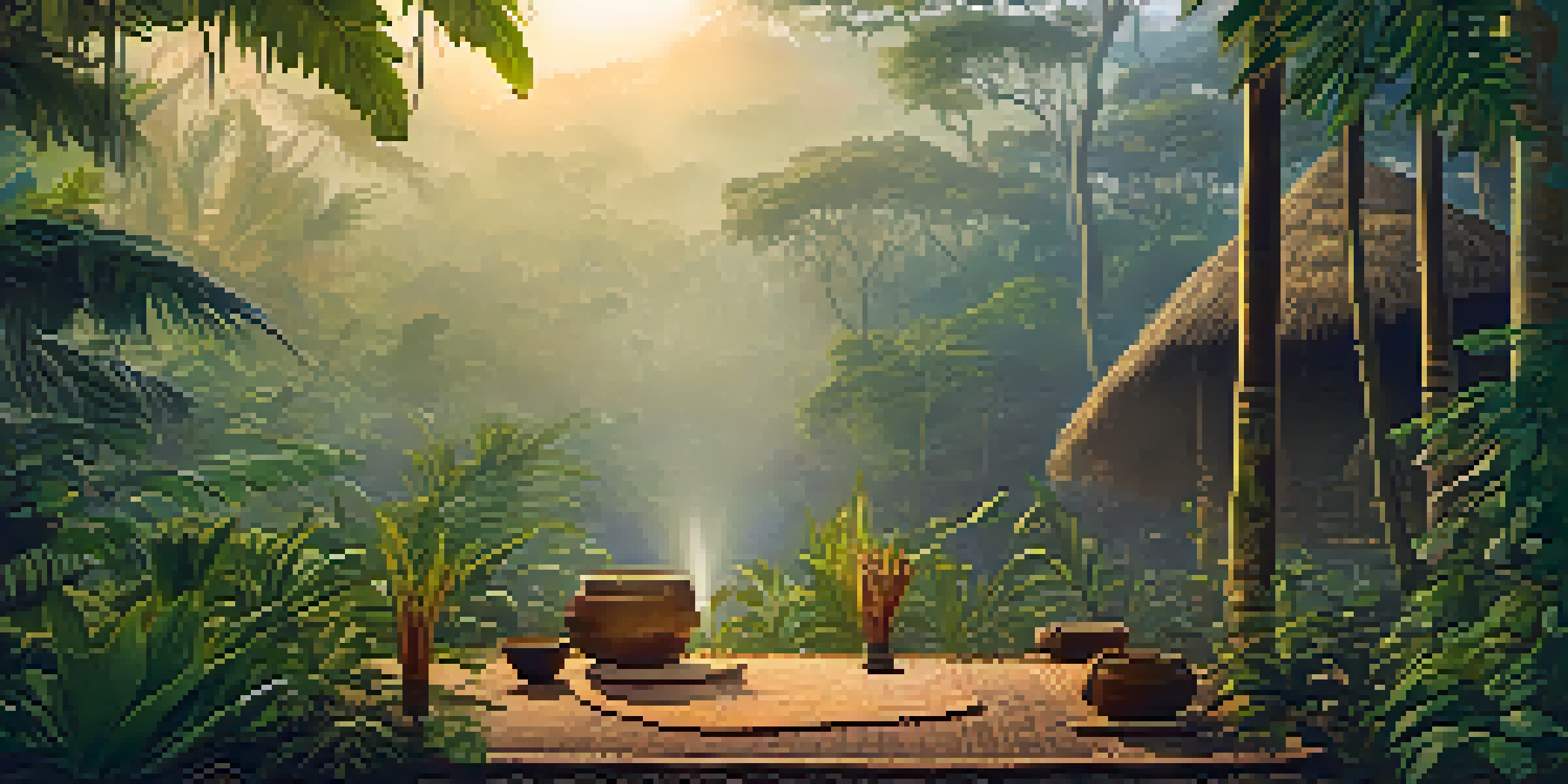 A peaceful Amazon rainforest at dawn with mist, featuring a traditional Ayahuasca ceremony setup, surrounded by lush tropical plants.