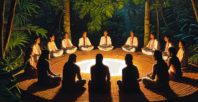 Participants in a circle during an Ayahuasca ceremony in the Amazon rainforest, with a shaman in the center and soft candlelight illuminating the scene.
