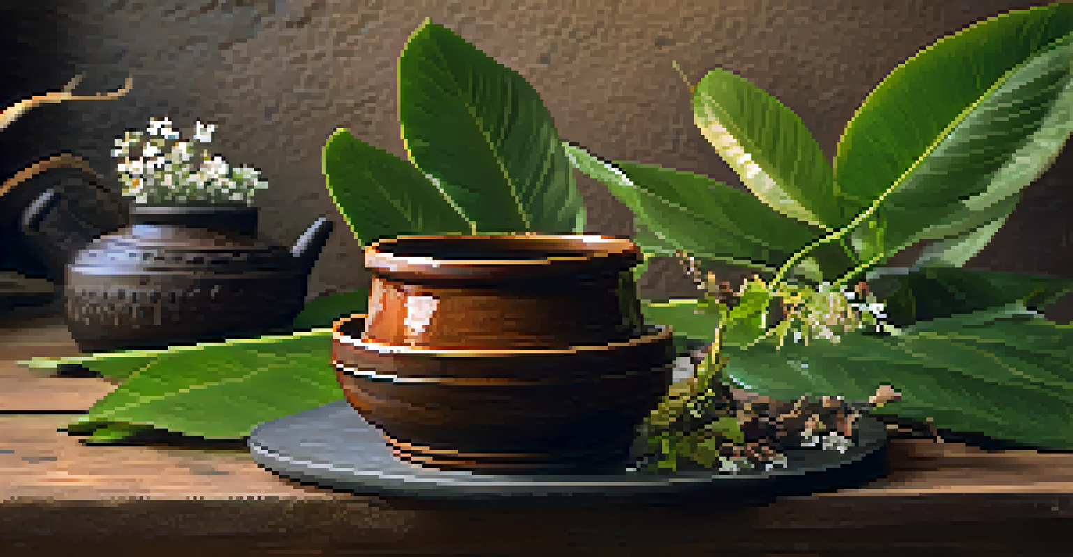 A close-up of a traditional Ayahuasca brew in a rustic ceramic cup on a wooden table, surrounded by fresh leaves and flowers, creating an earthy atmosphere.