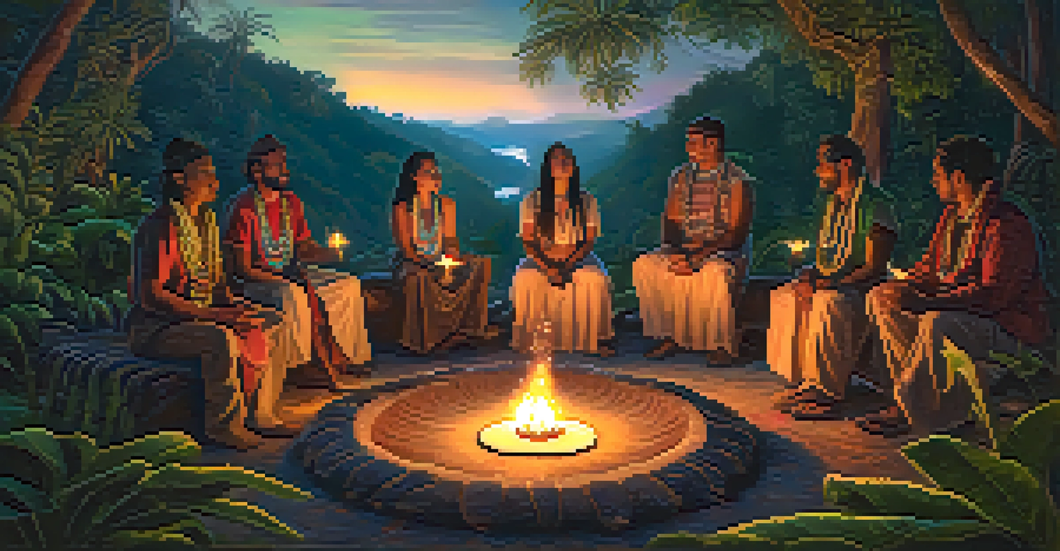 A group of people in traditional attire participating in an Ayahuasca ceremony at dusk, illuminated by candlelight.