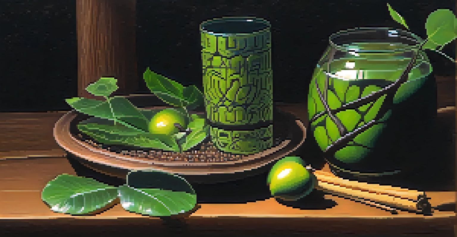 A close-up of Ayahuasca preparation with plants on a wooden table and a glowing candle.