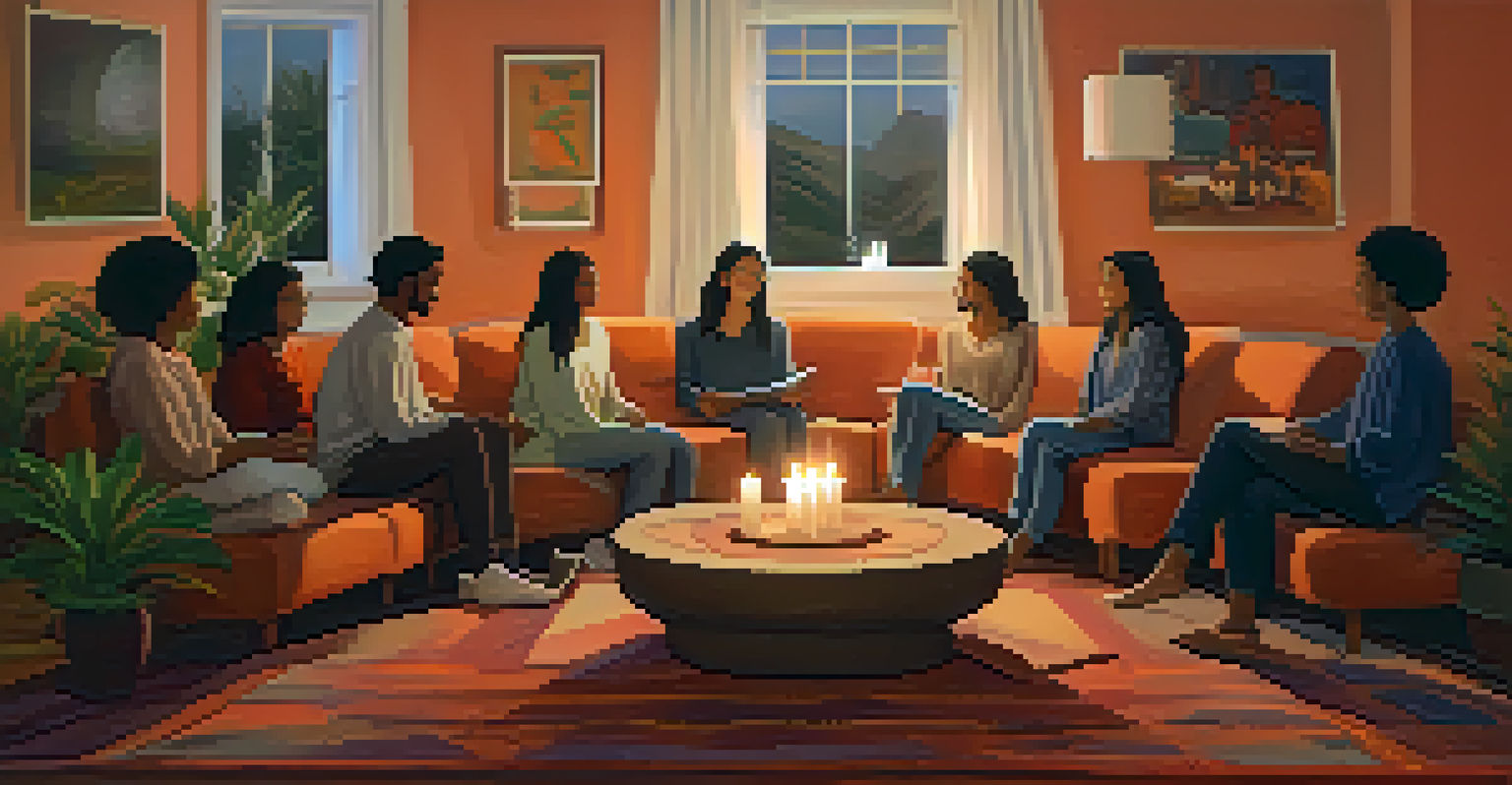 A cozy room with soft lighting where people are seated in a circle, sharing experiences, surrounded by cushions and candles.