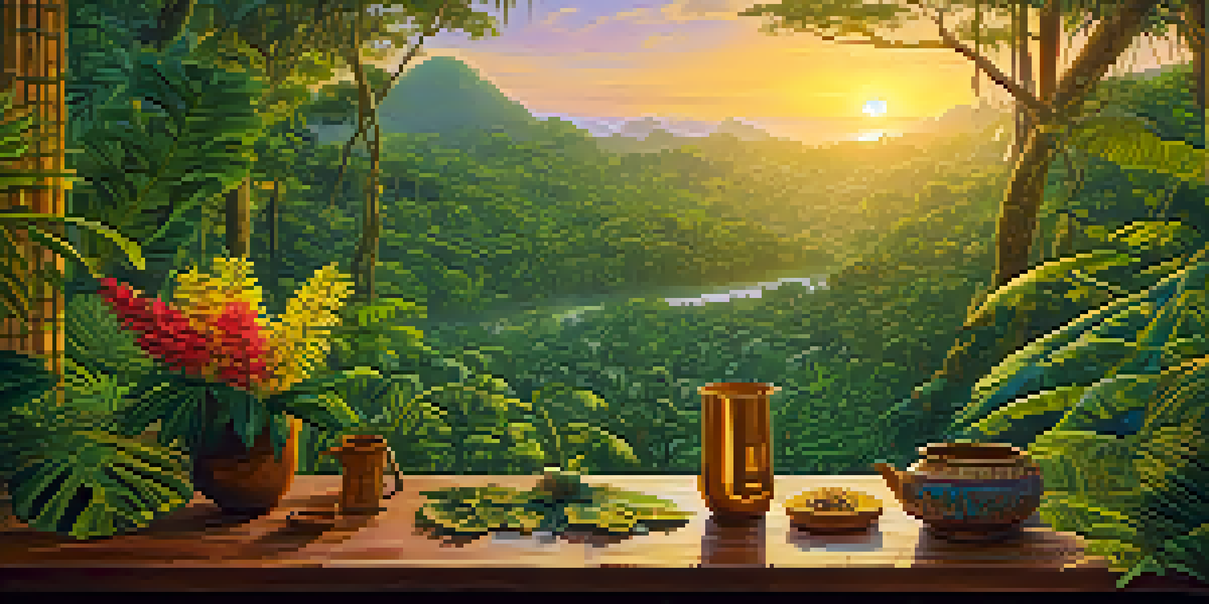 A tranquil Amazon rainforest at sunrise with a traditional Ayahuasca brew on a wooden table surrounded by flowers.