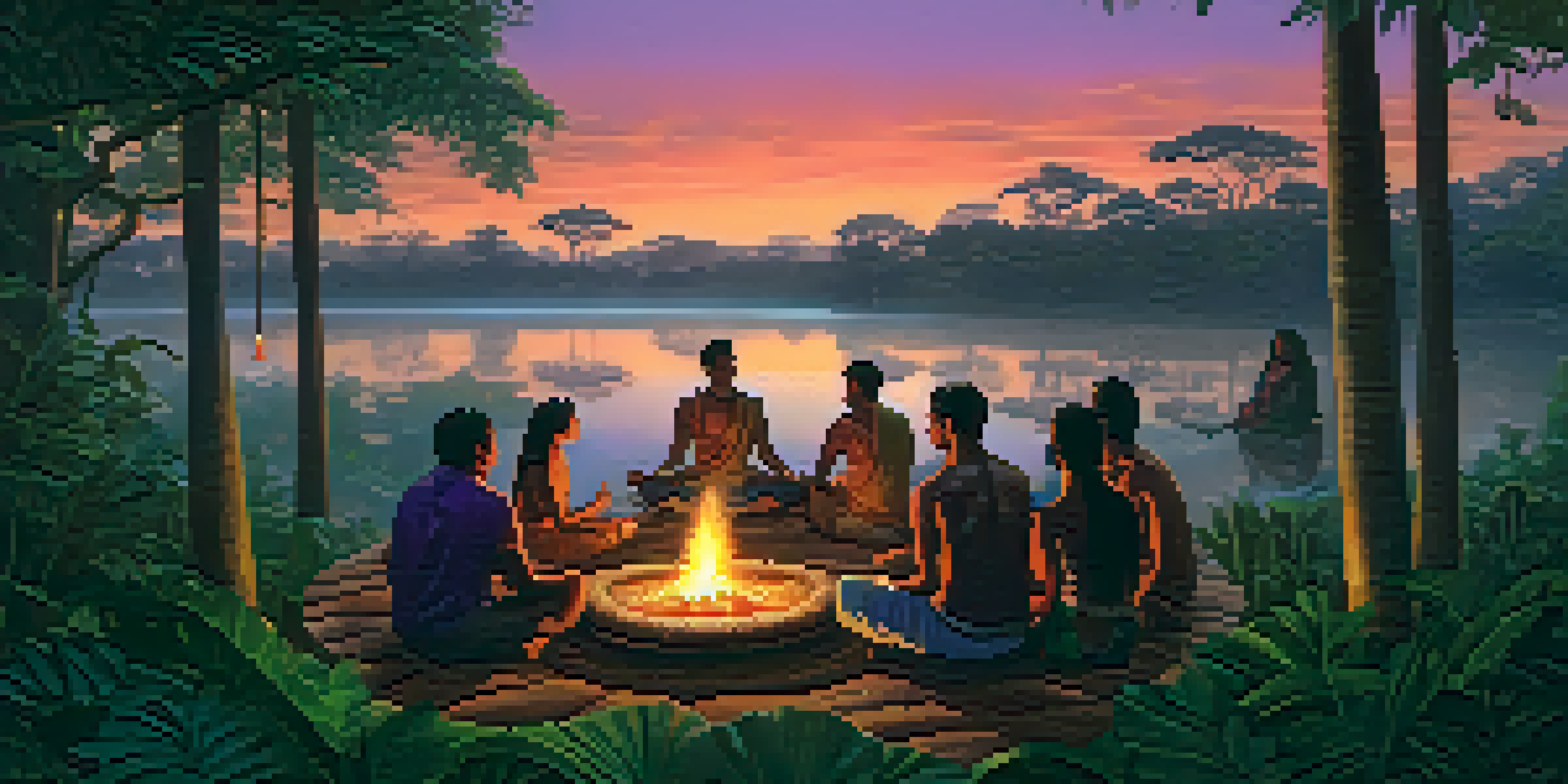 A peaceful Amazon rainforest with a group of people meditating around a fire at sunset, surrounded by tall trees and glowing lanterns.