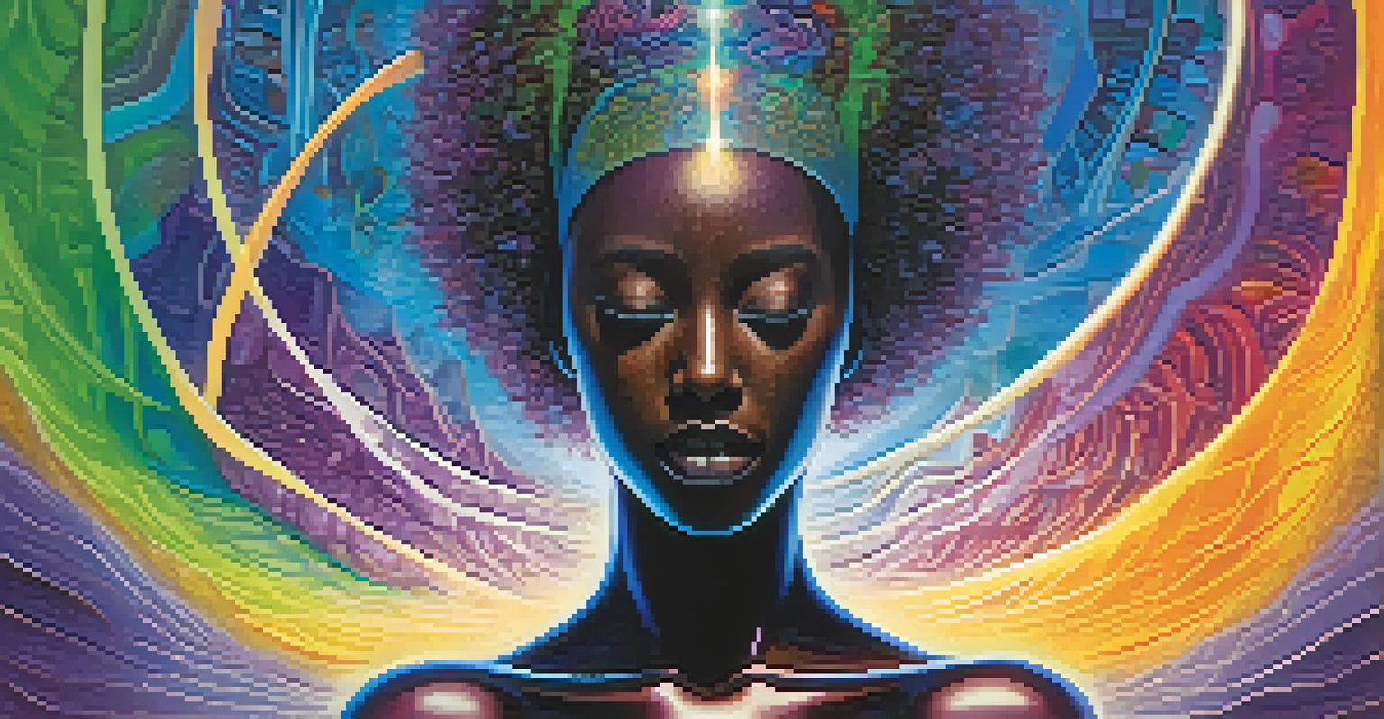 A human silhouette surrounded by a colorful energy field, symbolizing healing, emotional exploration, and personal growth.