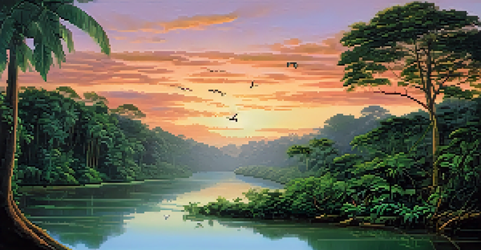 A peaceful Amazon rainforest at dusk with a flowing river, colorful sunset, and exotic birds in the trees.