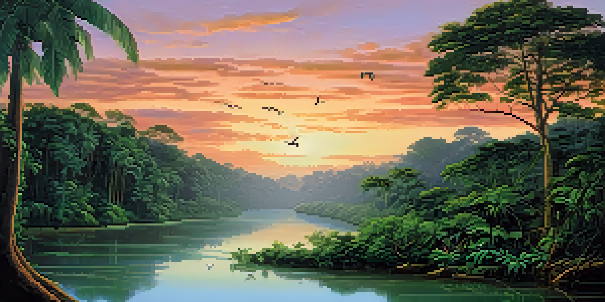 A peaceful Amazon rainforest at dusk with a flowing river, colorful sunset, and exotic birds in the trees.
