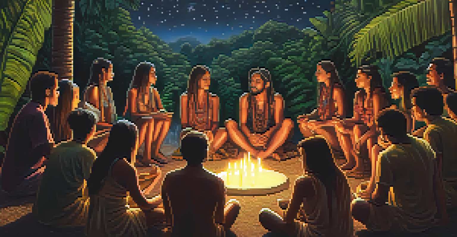 Participants in an ayahuasca ceremony under a starry sky, illuminated by glowing candles.