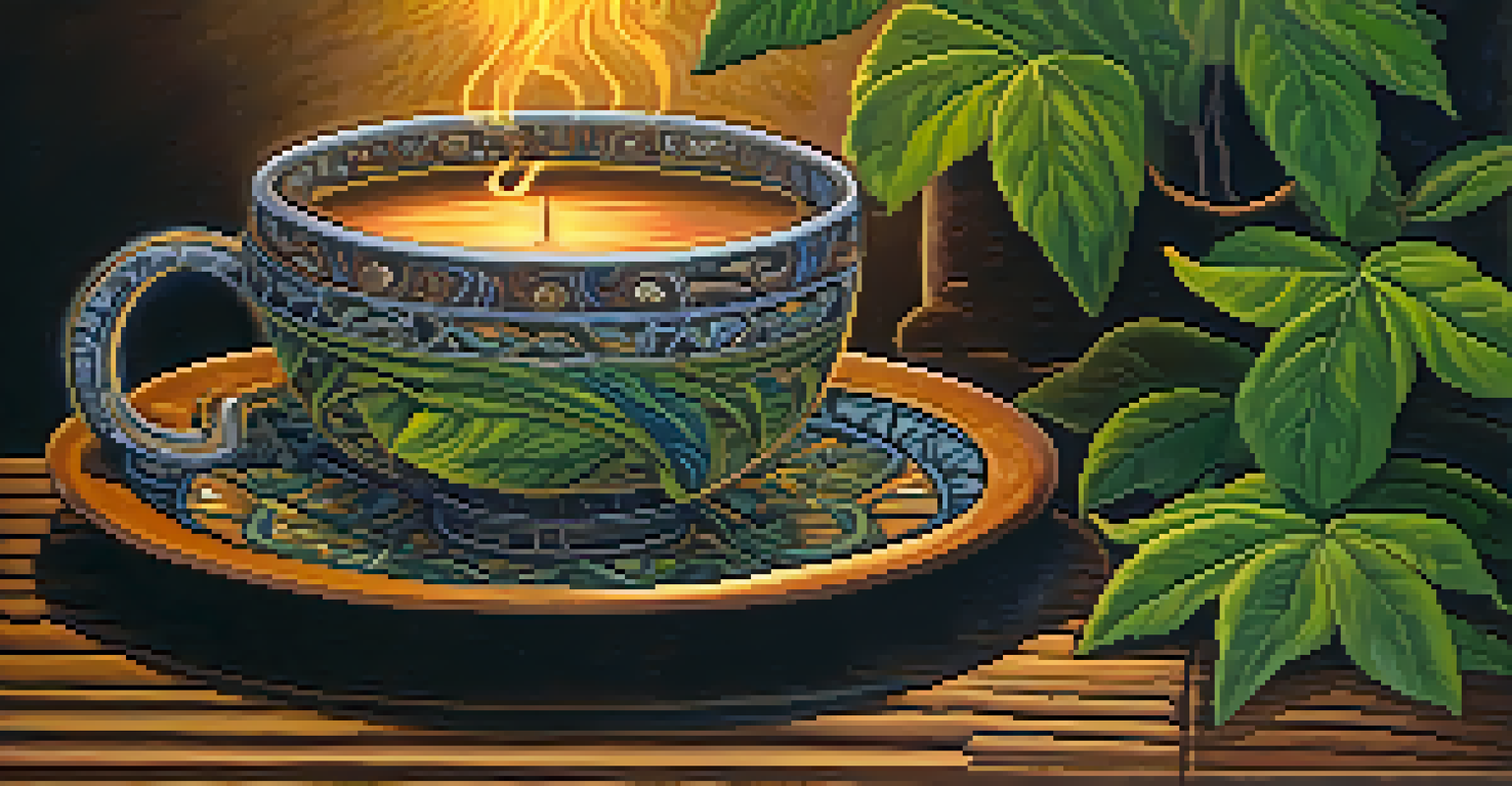 A close-up of an Ayahuasca brew in a ceramic cup, surrounded by fresh leaves from the plants used to make it.
