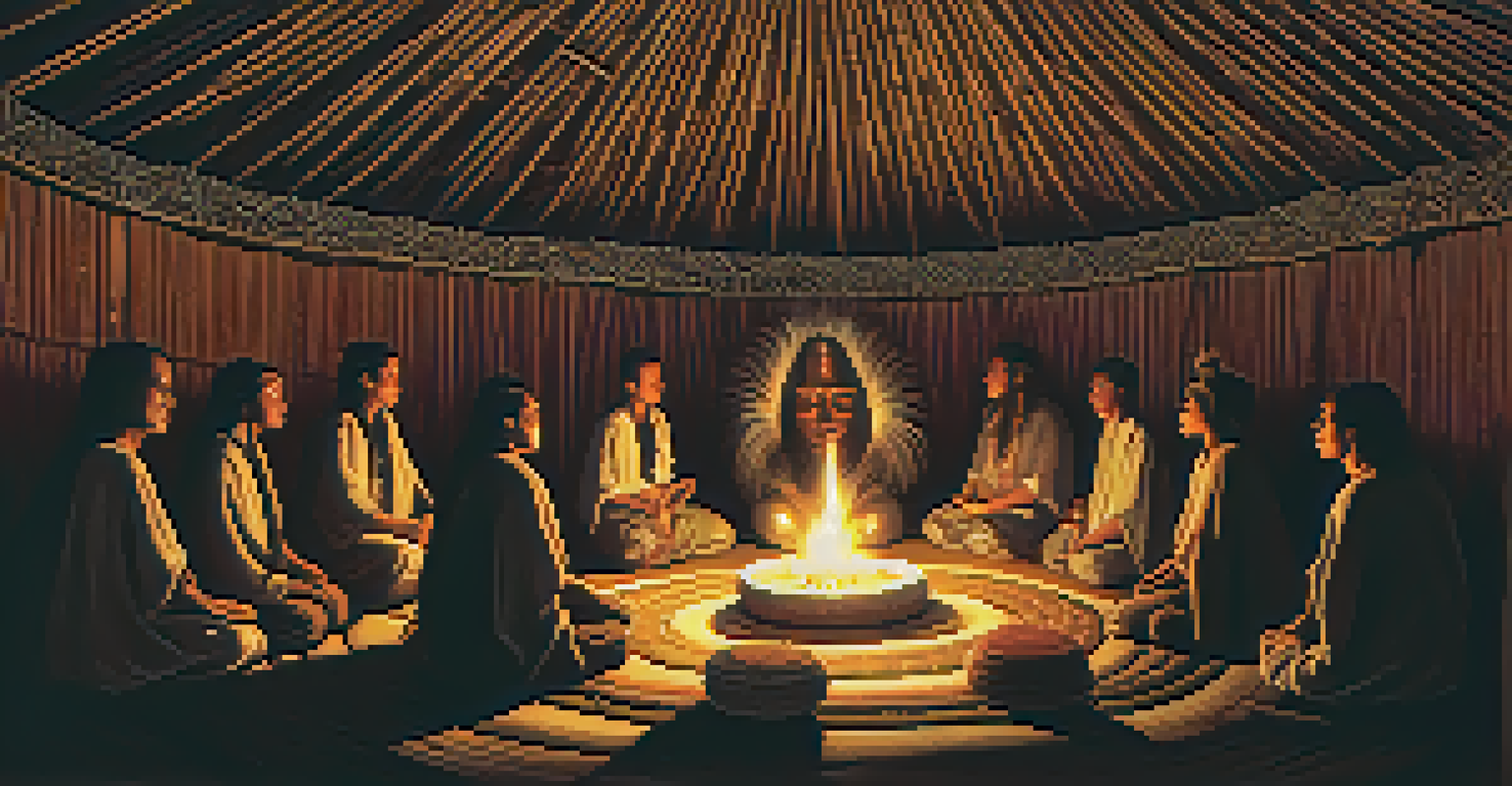 A close-up view of an Ayahuasca ceremony inside a hut, with participants meditating and a shaman leading the ritual.