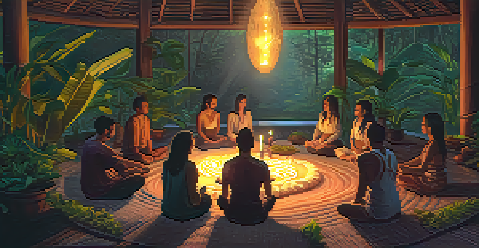An intimate Ayahuasca ceremony with participants sitting on mats in a candle-lit space.