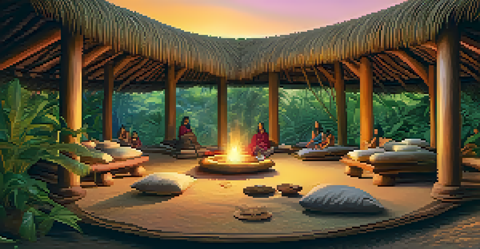 A peaceful ceremonial space with a thatched roof in a green jungle setting, illuminated by sunset light.