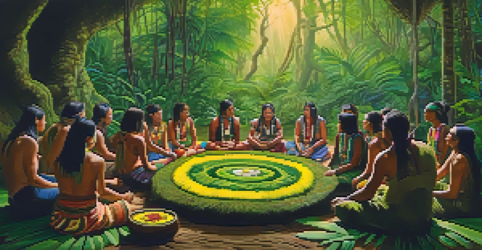 A peaceful scene of Indigenous people participating in a traditional Ayahuasca ceremony in the Amazon rainforest, surrounded by vibrant greenery and soft sunlight.